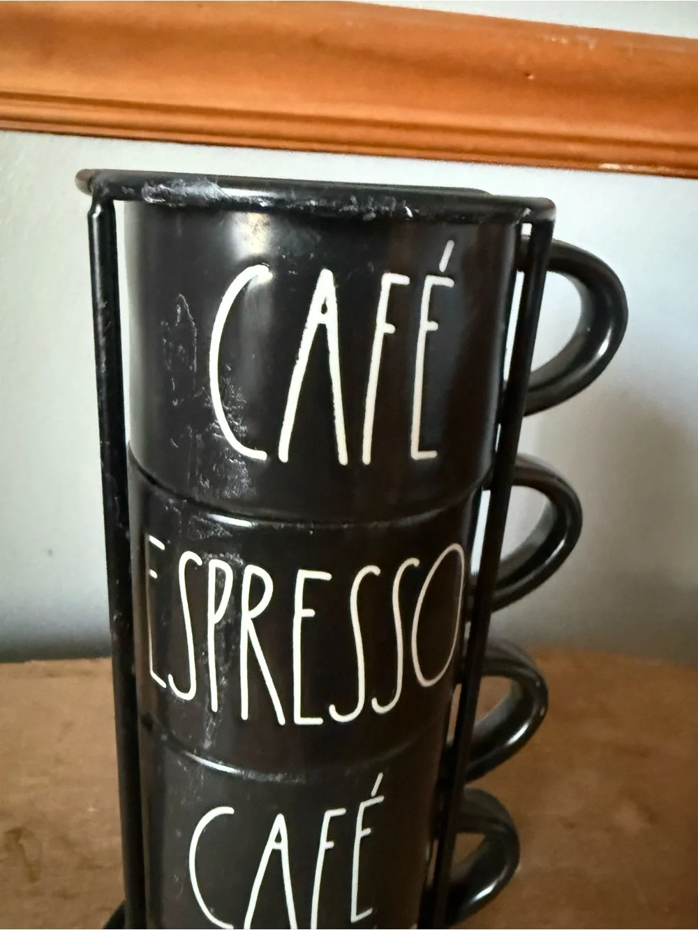 Rae Dunn Stacked Espresso Café Mugs Set - Black with White Script